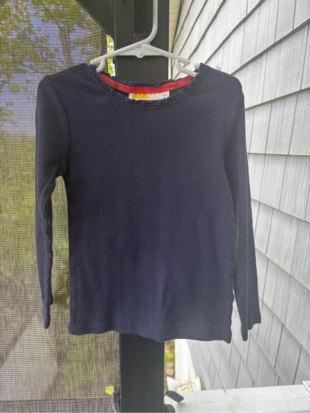 Boden 6-7yrs Navy Long-Sleeve Ribbed Top with ruffle Neckline